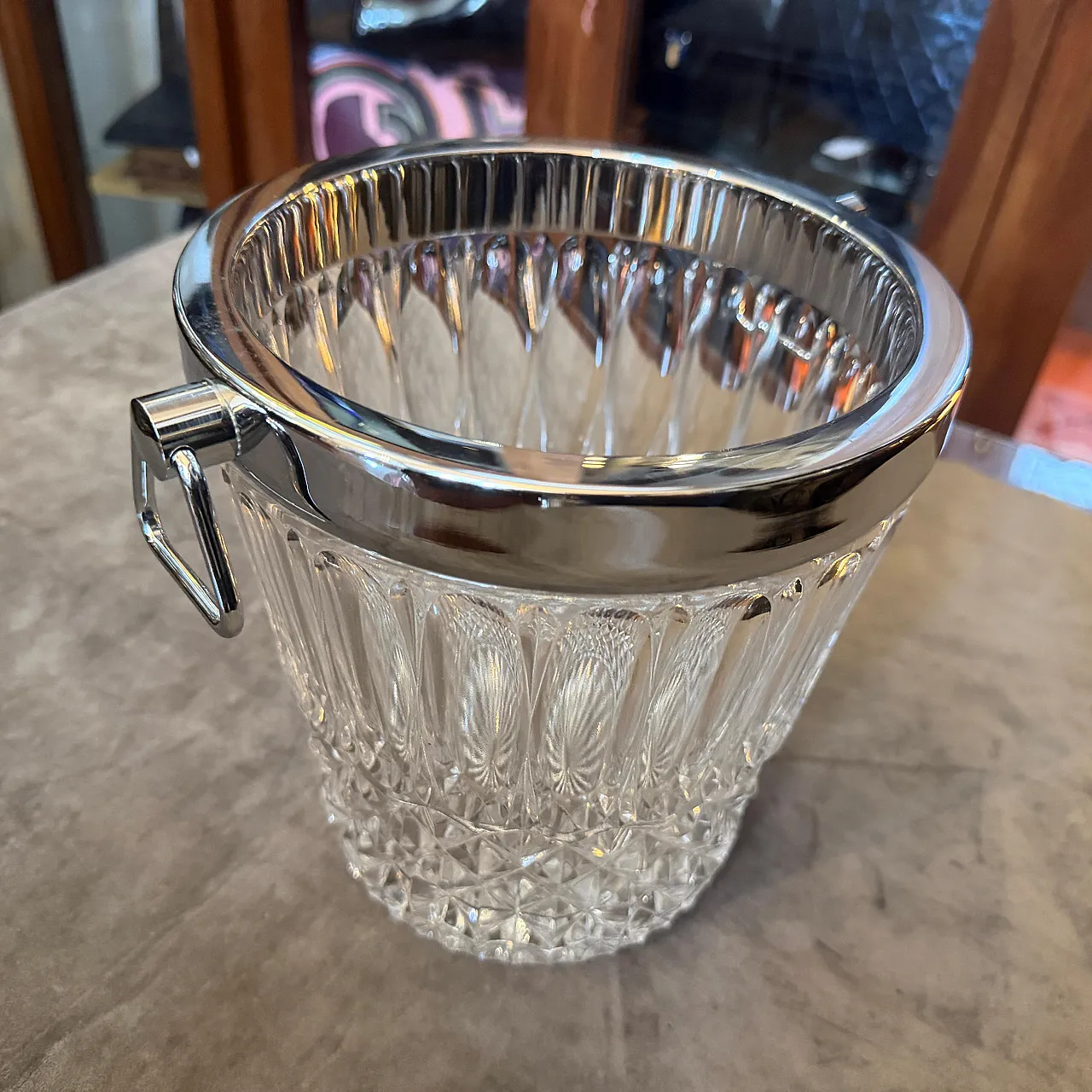 Mid-Century Modern cut crystal and chromed metal wine cooler, 1980s 3