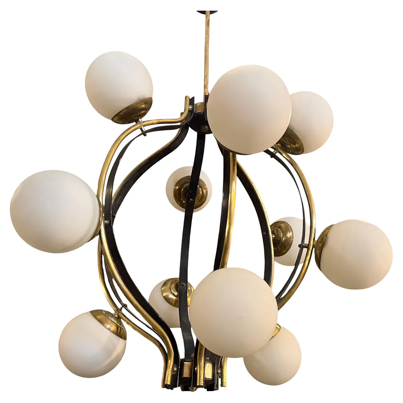Mid-Century Modern brass and white glass chandelier by Stilnovo, 1950s 3