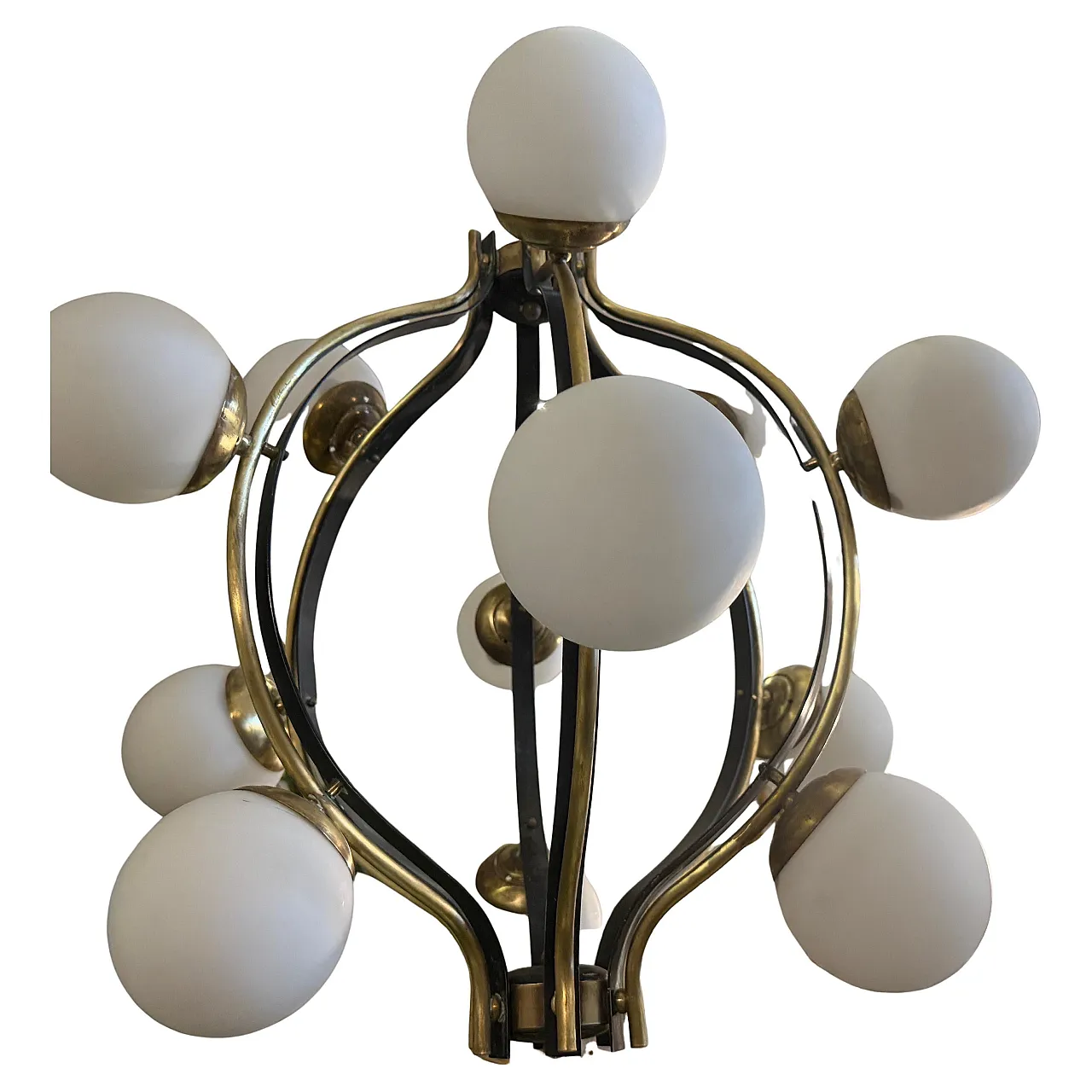 Mid-Century Modern brass and white glass chandelier by Stilnovo, 1950s 4