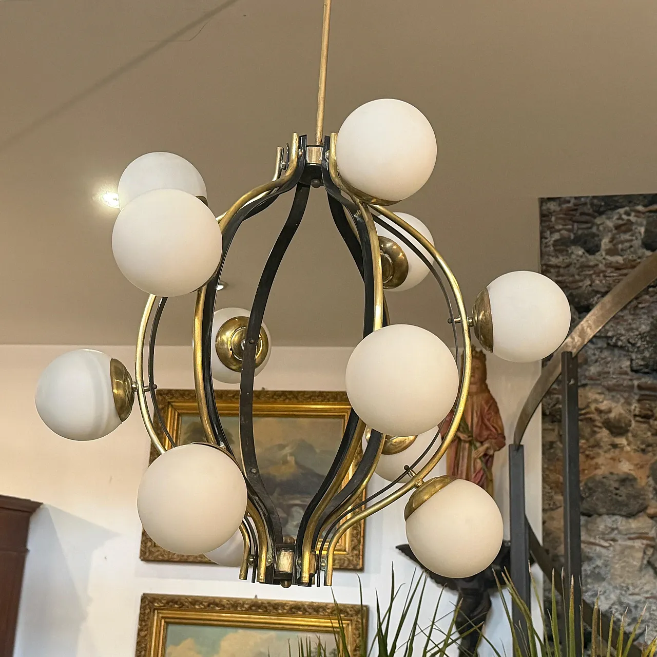 Mid-Century Modern brass and white glass chandelier by Stilnovo, 1950s 6