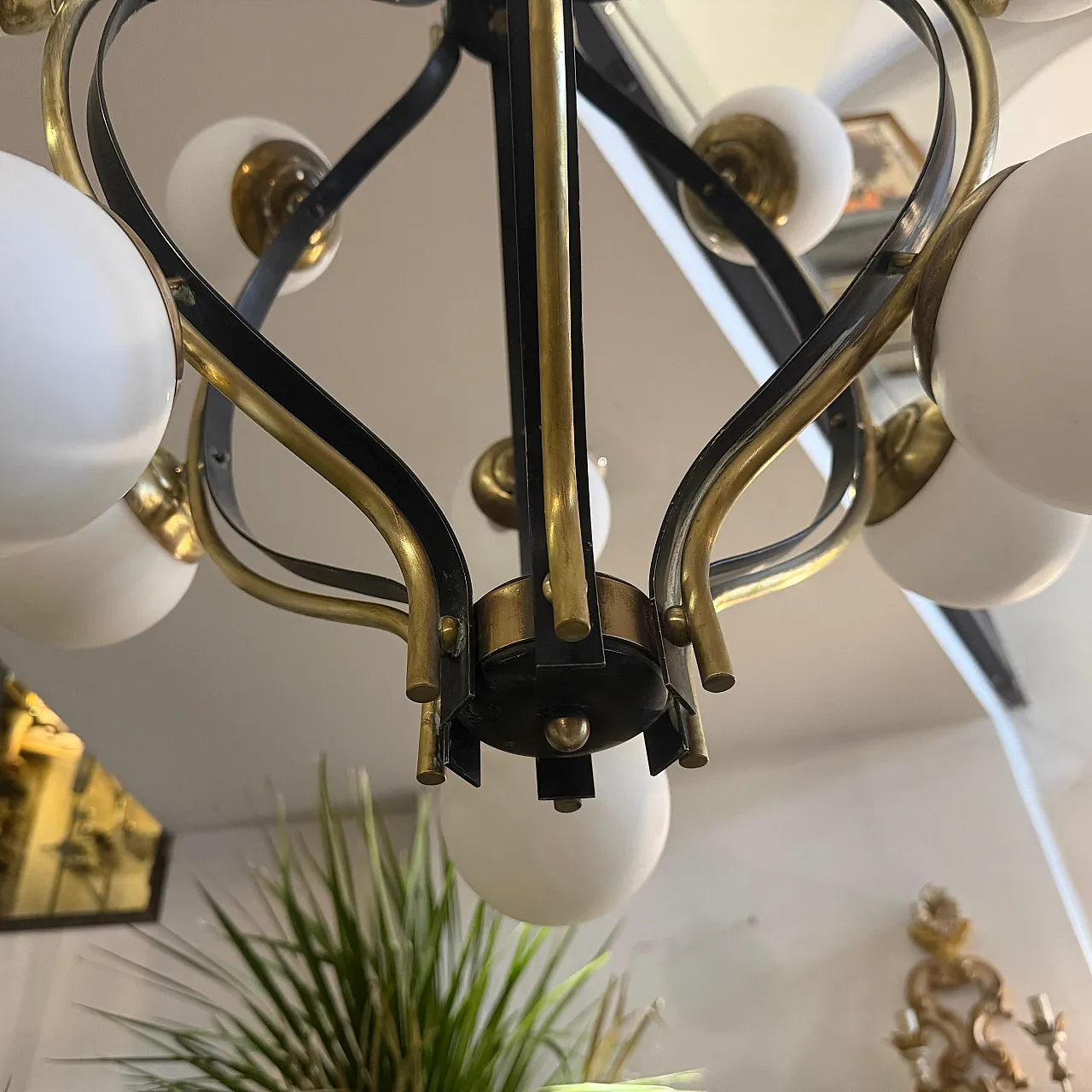 Mid-Century Modern brass and white glass chandelier by Stilnovo, 1950s 8