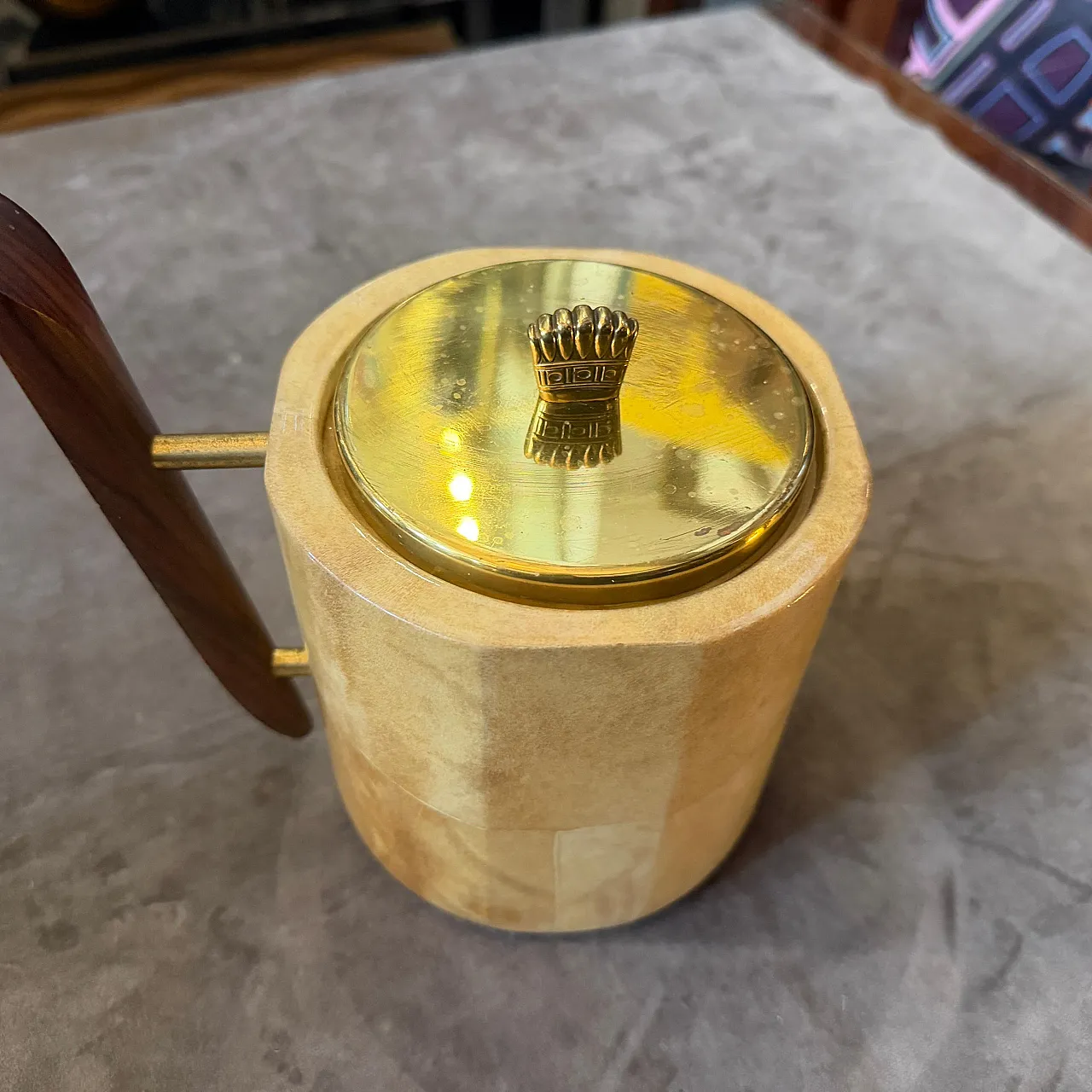 Aldo Tura Mid-Century Modern goatskin and brass ice bucket, 1950s 12