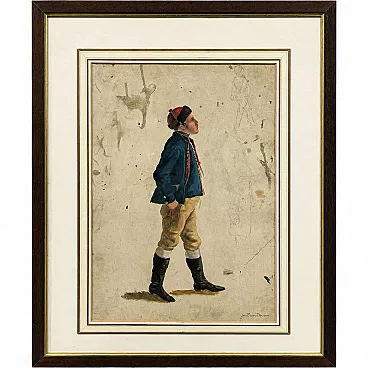 French Signed Watercolor Young Soldier, 19th Century