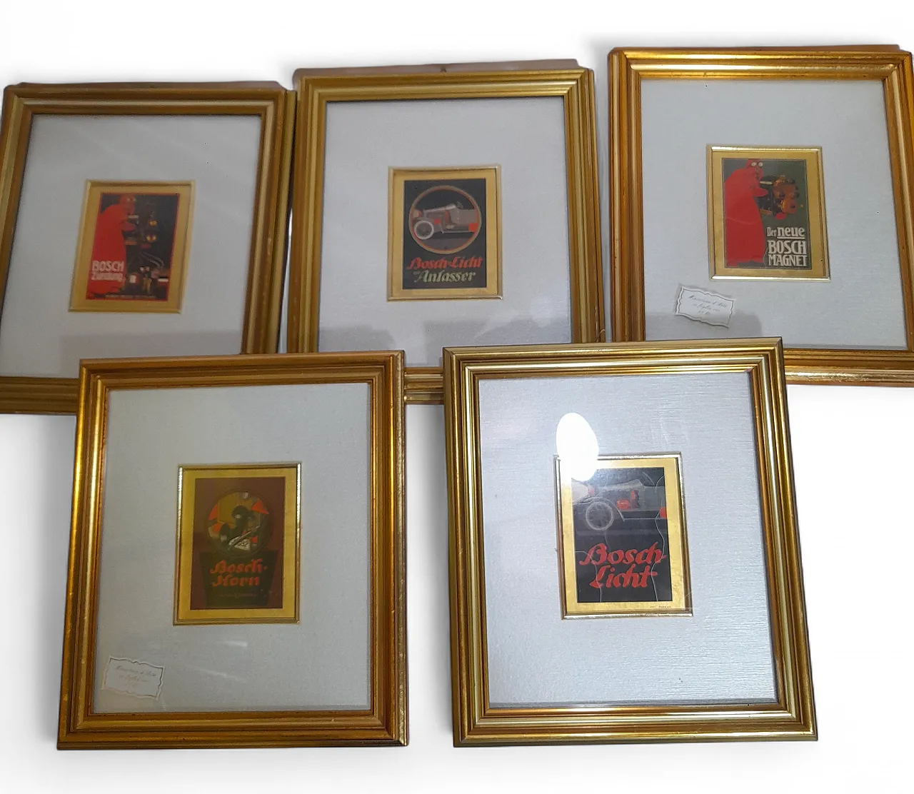 Five small pictures containing artistic miniatures on 23 kt gold leaf, 21