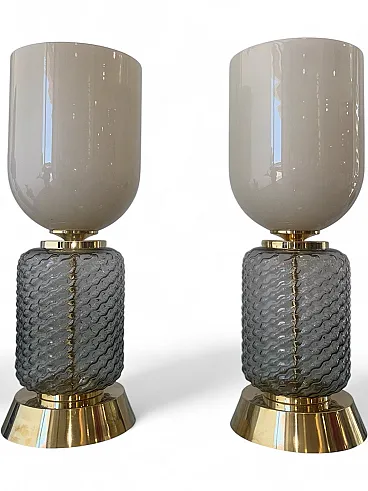 Coppia di lampade in vetro di Murano e ottone, anni '90
