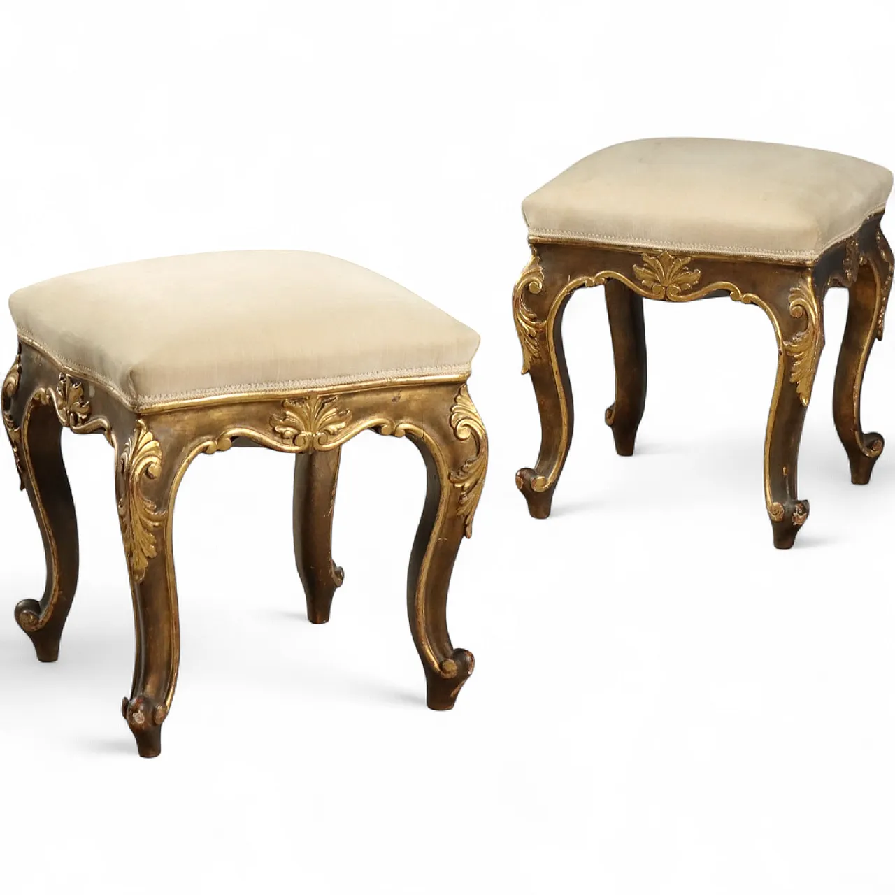 Pair of Eclectic stools in carved and gilded wood, 19th century 9