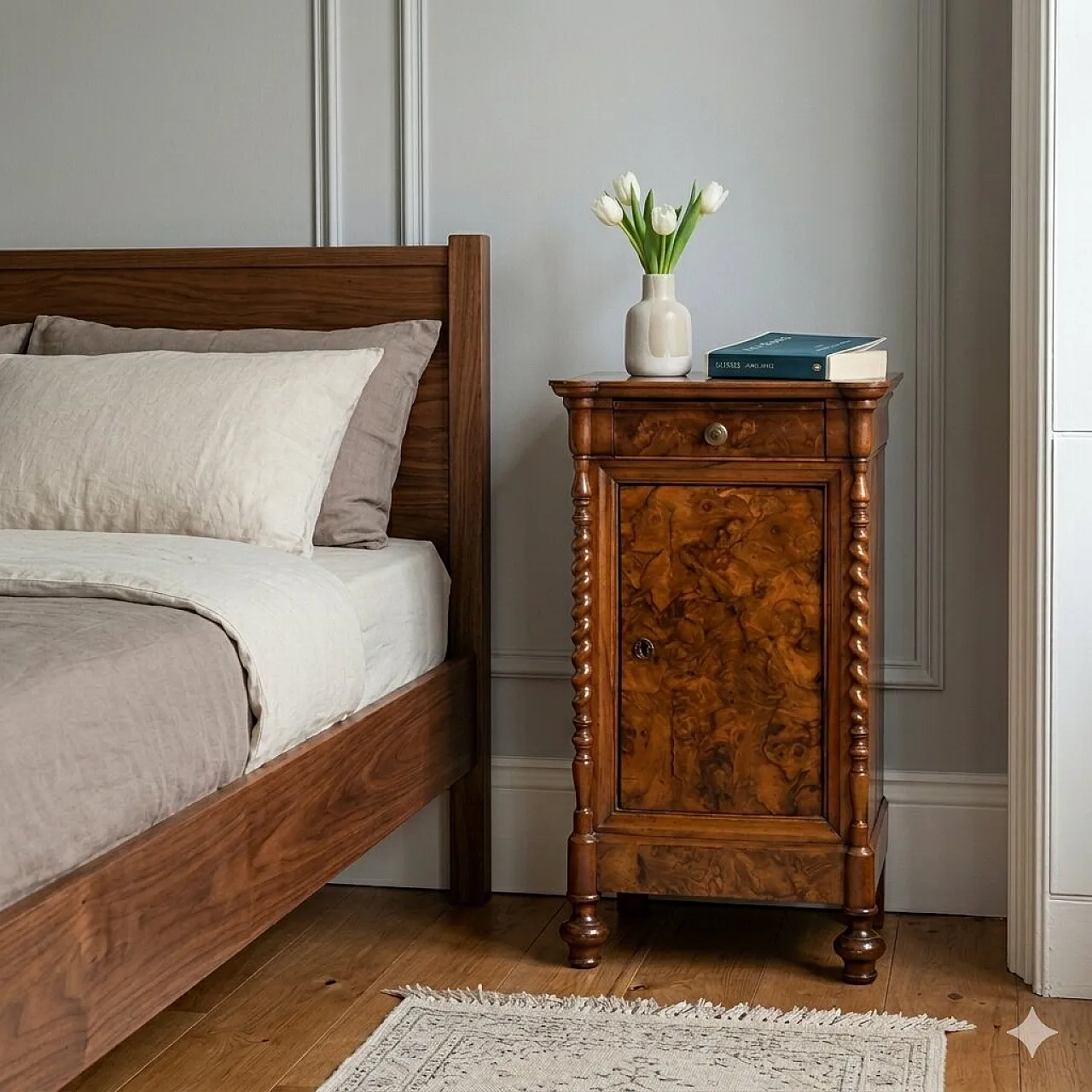 Louis Philippe bedside table in walnut and walnut root, 19th century 2