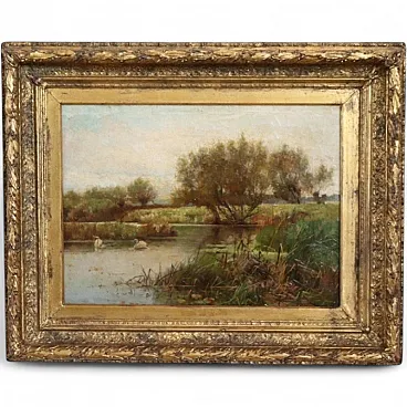 Scorcio dell'Avon con cigni, dipinto ad olio su tela, '800