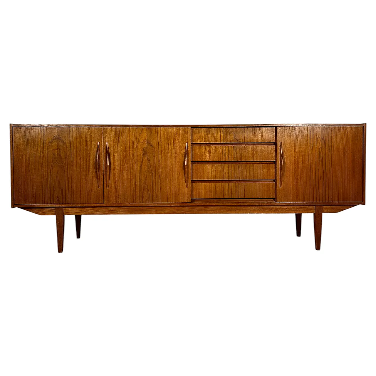 Sideboard danese in teak con ante scorrevoli e cassetti, anni ’60 1