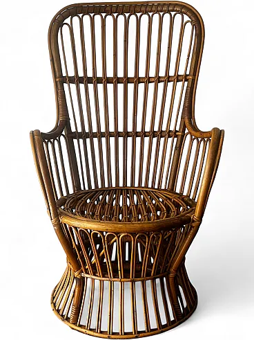 Armchair in bamboo and rattan with padded cushion, 1970s