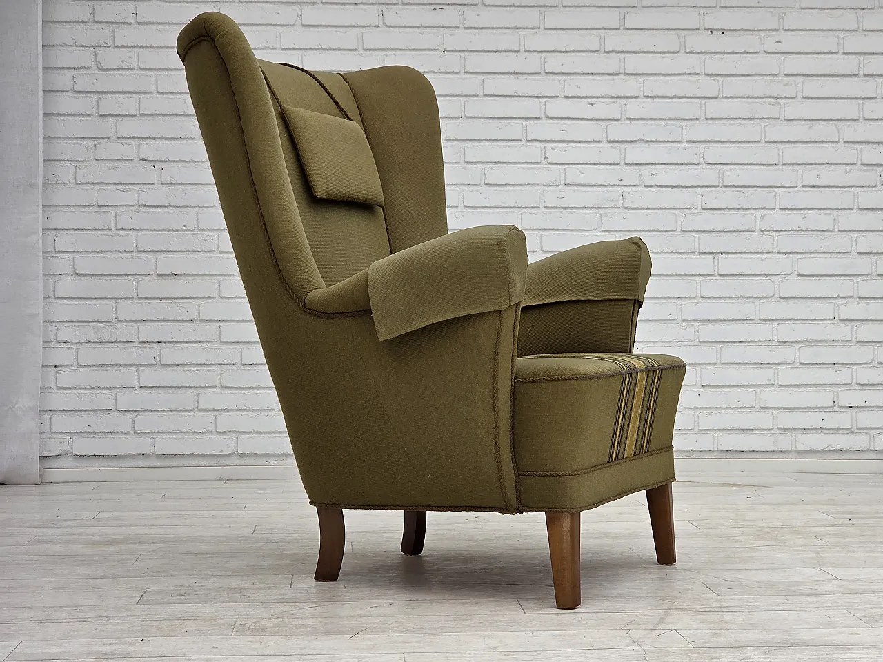 1960s, Danish highback armchair, original green furniture wool. 1