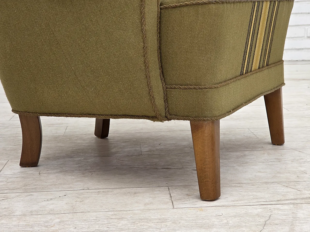 1960s, Danish highback armchair, original green furniture wool. 2
