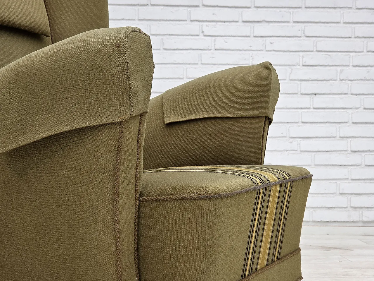 1960s, Danish highback armchair, original green furniture wool. 3