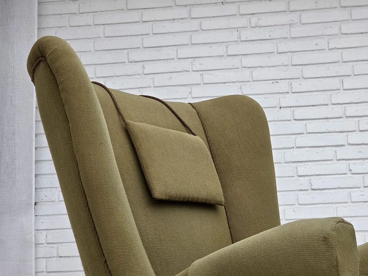 1960s, Danish highback armchair, original green furniture wool. 4