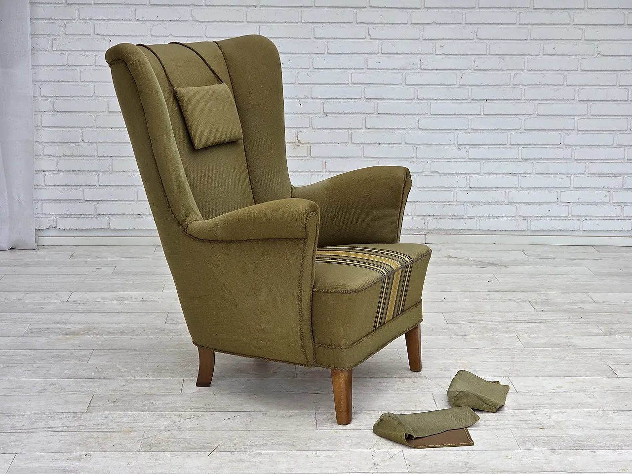 1960s, Danish highback armchair, original green furniture wool. 6