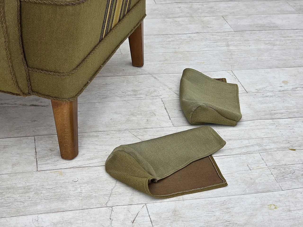 1960s, Danish highback armchair, original green furniture wool. 7
