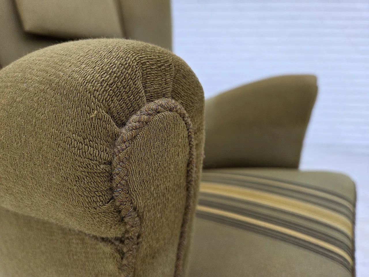 1960s, Danish highback armchair, original green furniture wool. 8