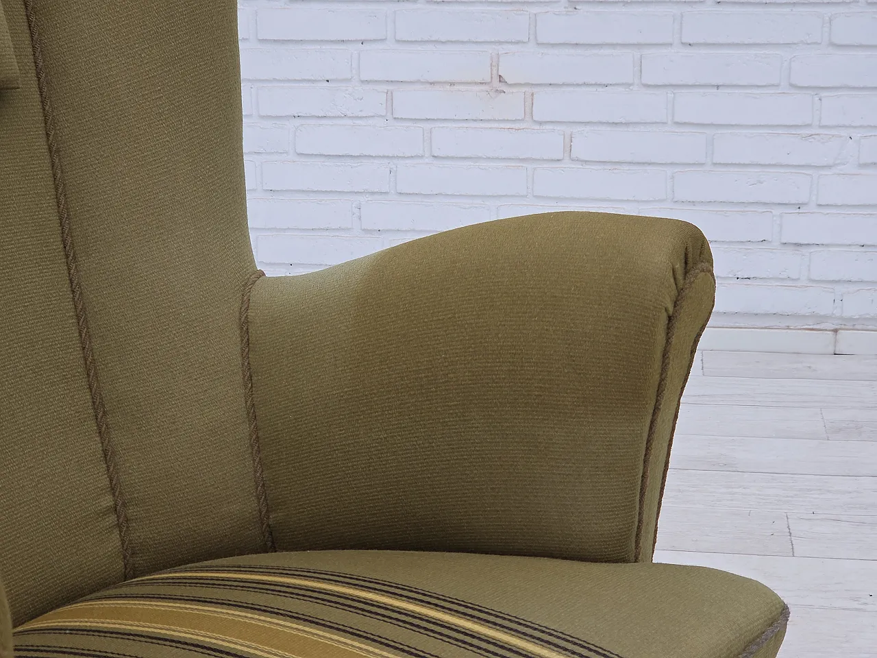 1960s, Danish highback armchair, original green furniture wool. 9