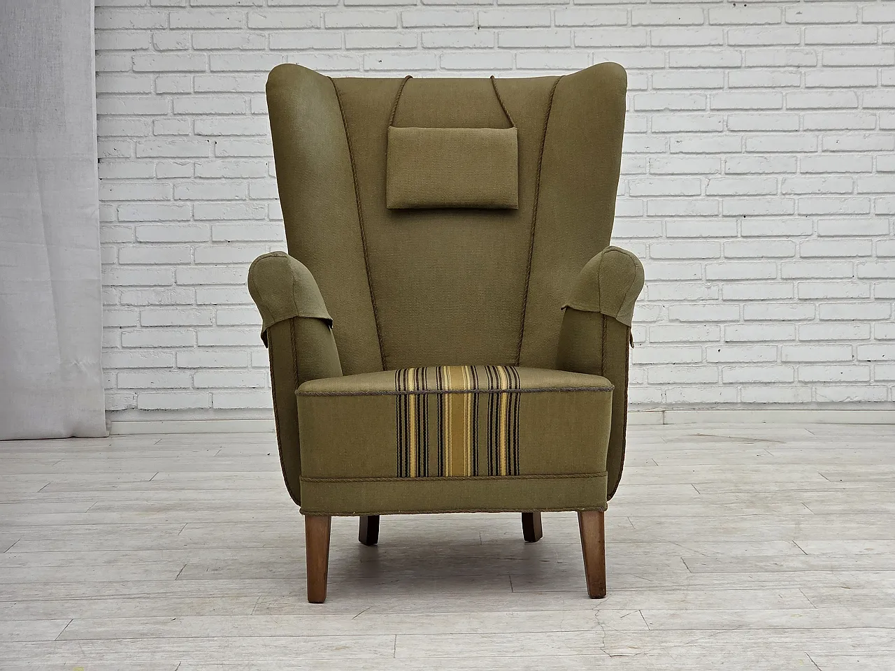 1960s, Danish highback armchair, original green furniture wool. 10