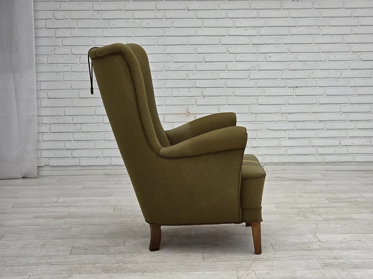 1960s, Danish highback armchair, original green furniture wool. 11