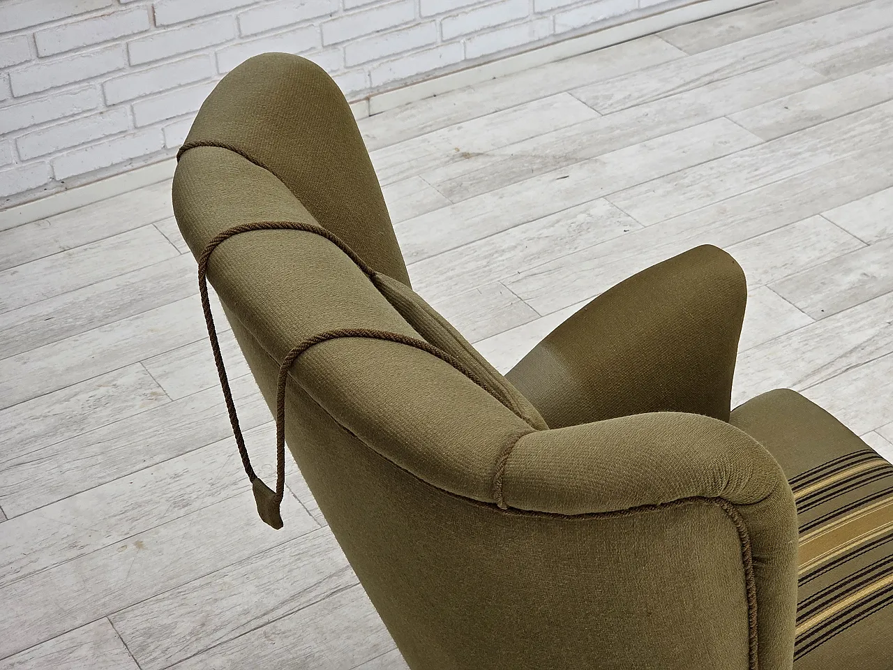 1960s, Danish highback armchair, original green furniture wool. 12