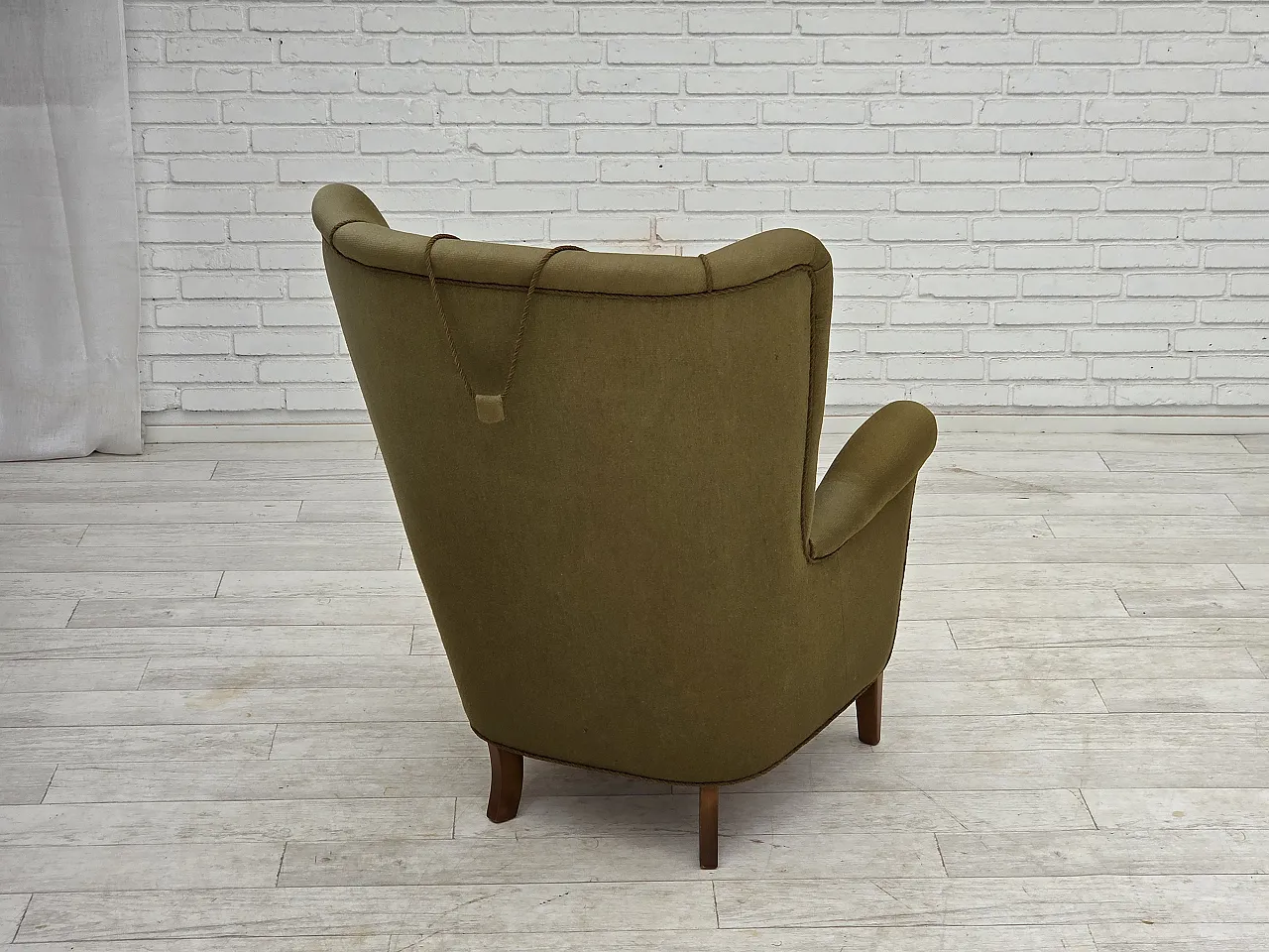 1960s, Danish highback armchair, original green furniture wool. 13