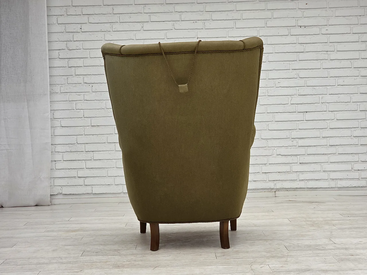 1960s, Danish highback armchair, original green furniture wool. 14