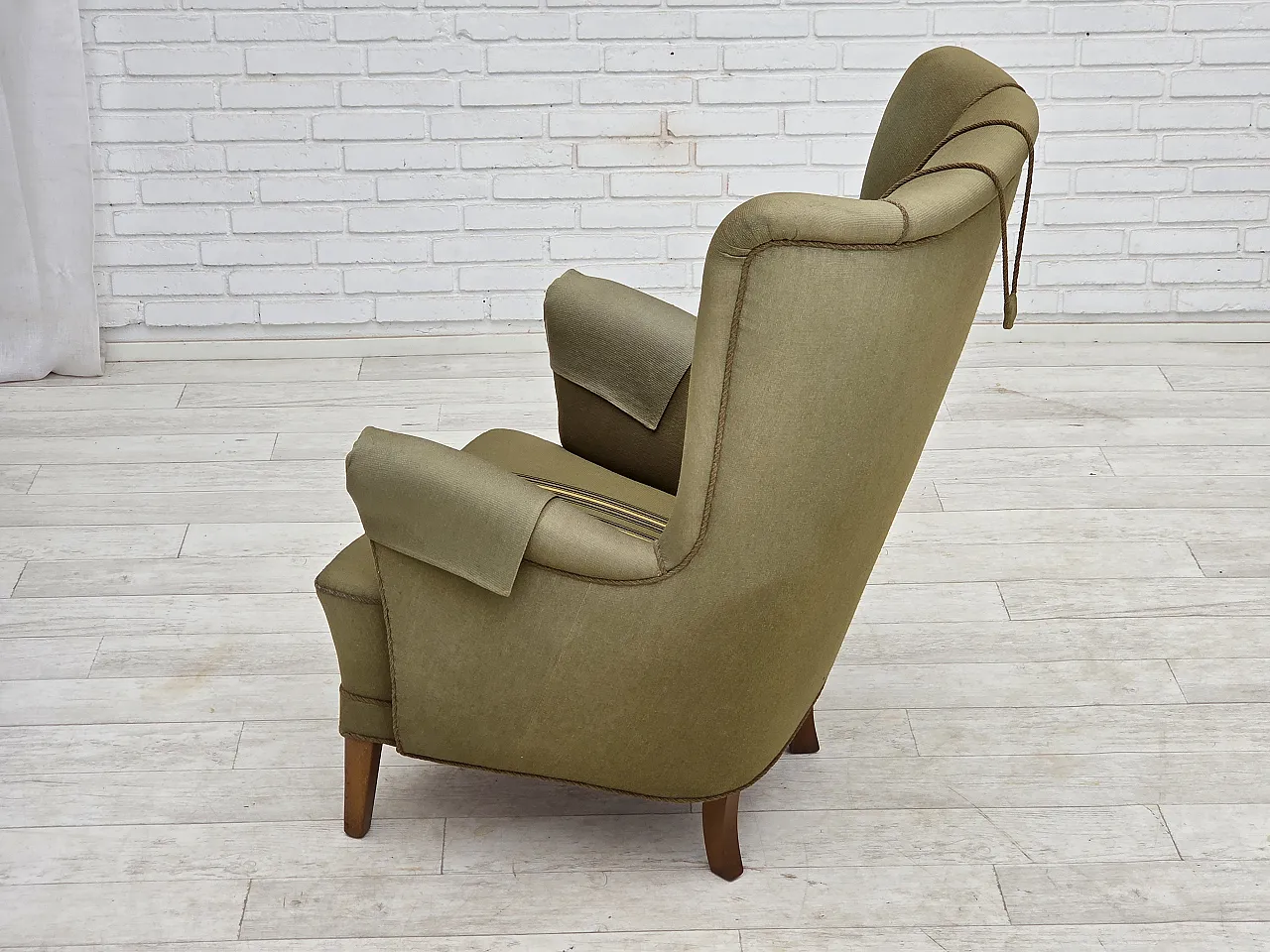 1960s, Danish highback armchair, original green furniture wool. 15