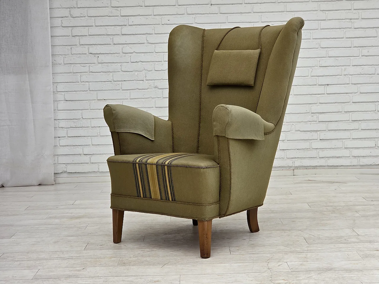 1960s, Danish highback armchair, original green furniture wool. 16