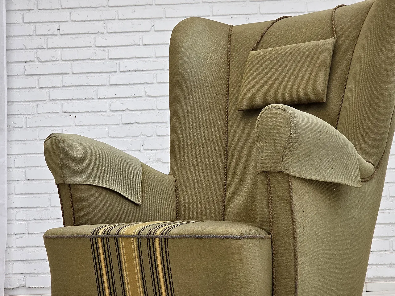 1960s, Danish highback armchair, original green furniture wool. 18