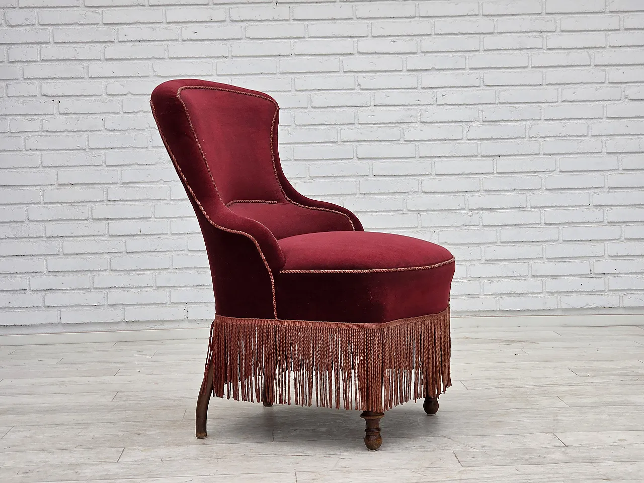 1950s, Danish cocktail lounge chair, cherry-red furniture velour. 1
