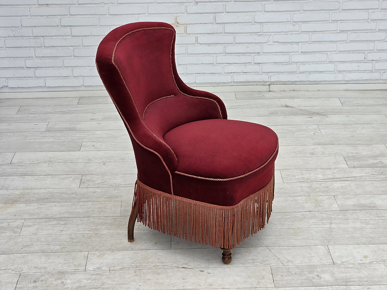 1950s, Danish cocktail lounge chair, cherry-red furniture velour. 2