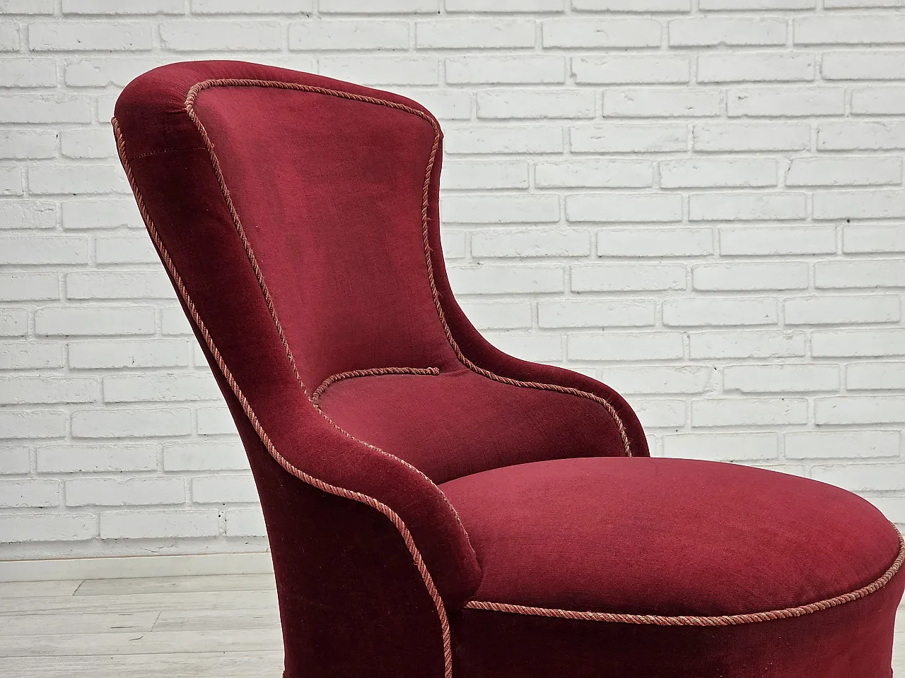 1950s, Danish cocktail lounge chair, cherry-red furniture velour. 3