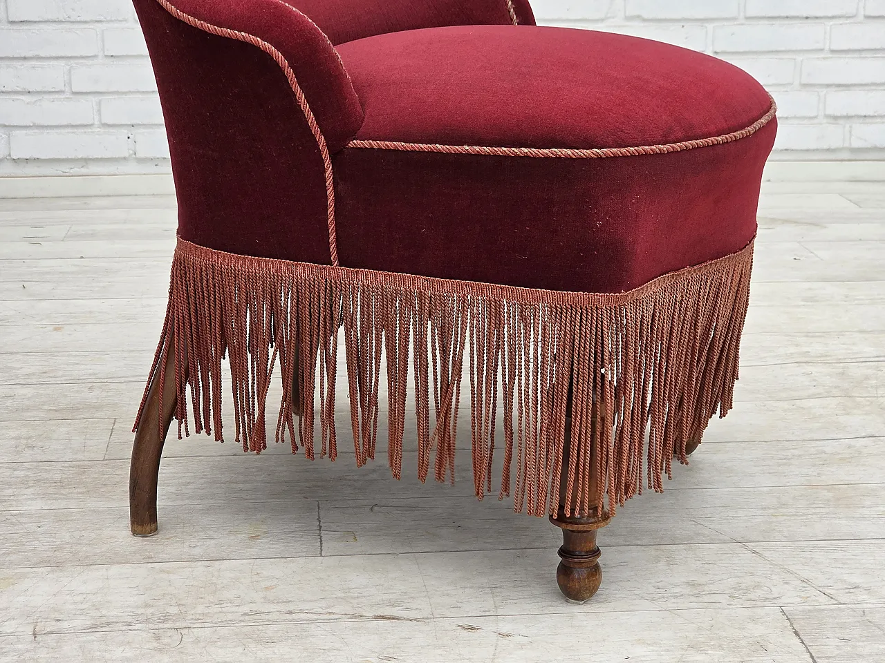 1950s, Danish cocktail lounge chair, cherry-red furniture velour. 4