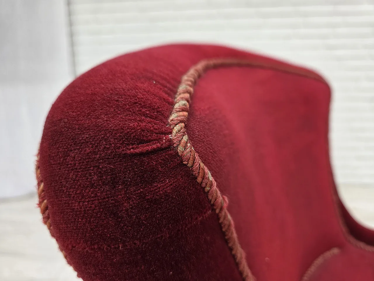 1950s, Danish cocktail lounge chair, cherry-red furniture velour. 6