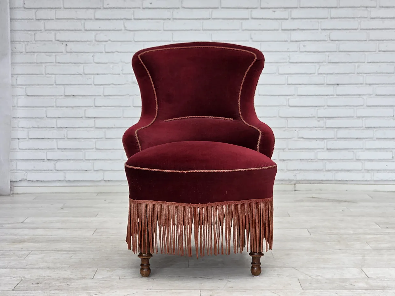 1950s, Danish cocktail lounge chair, cherry-red furniture velour. 7