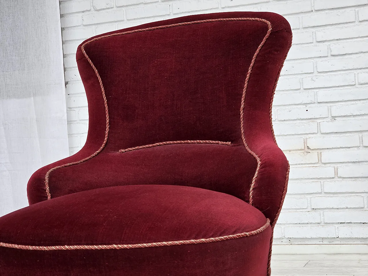 1950s, Danish cocktail lounge chair, cherry-red furniture velour. 8