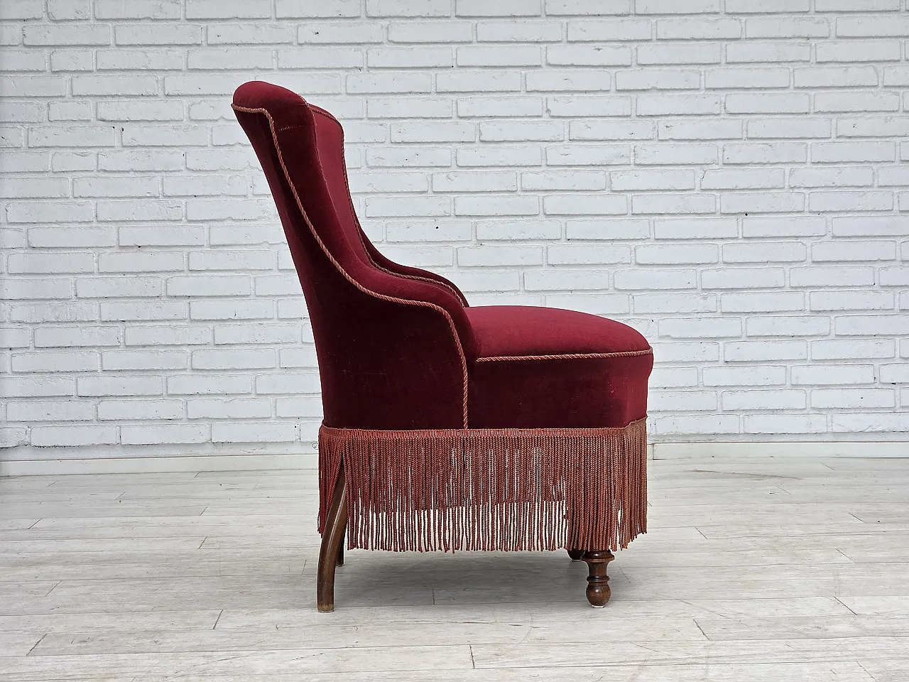 1950s, Danish cocktail lounge chair, cherry-red furniture velour. 9