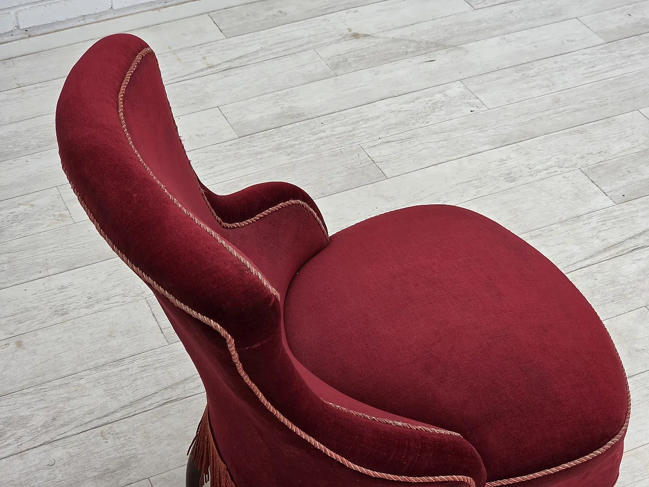 1950s, Danish cocktail lounge chair, cherry-red furniture velour. 10