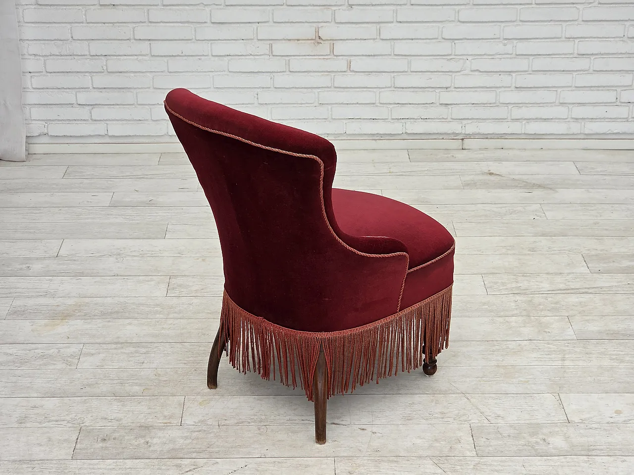 1950s, Danish cocktail lounge chair, cherry-red furniture velour. 11