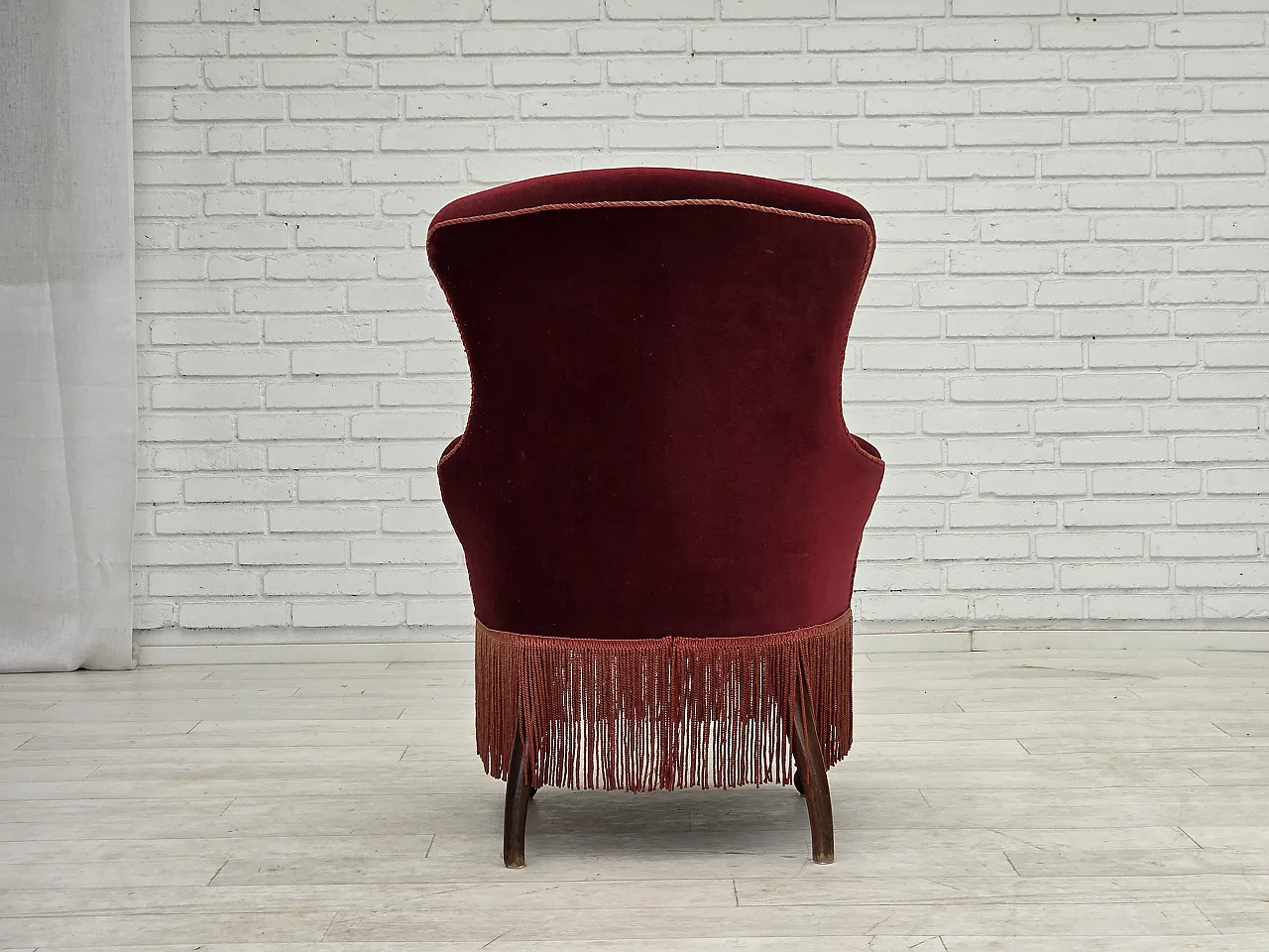 1950s, Danish cocktail lounge chair, cherry-red furniture velour. 12