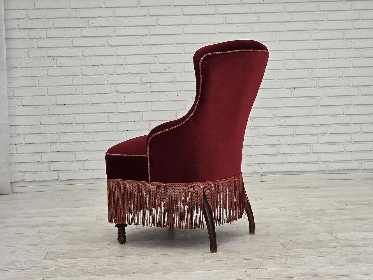 1950s, Danish cocktail lounge chair, cherry-red furniture velour. 13
