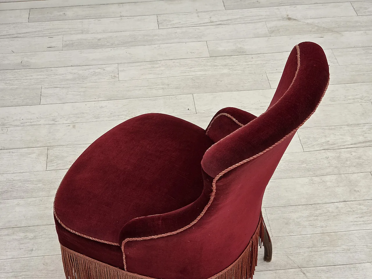 1950s, Danish cocktail lounge chair, cherry-red furniture velour. 14