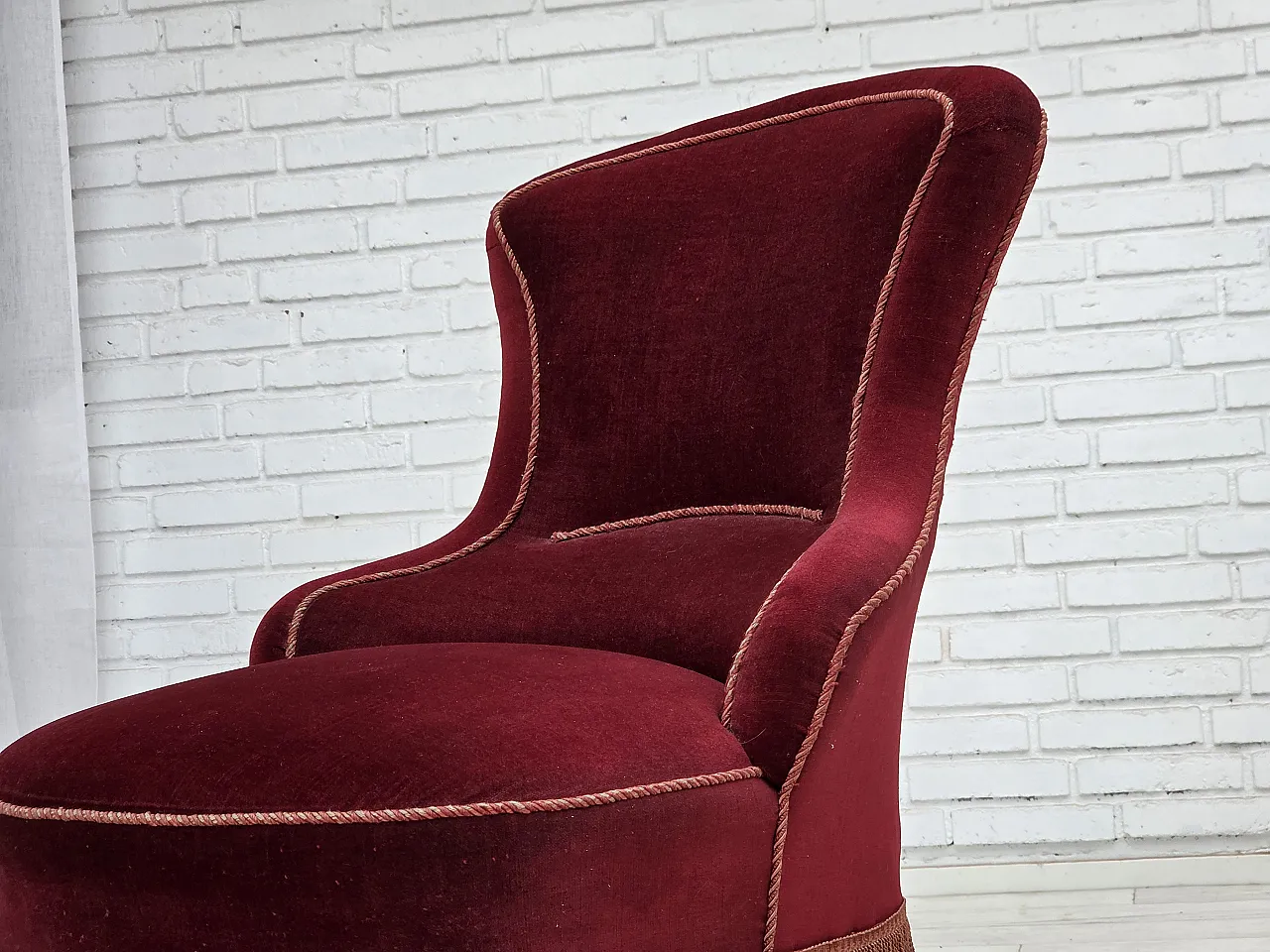 1950s, Danish cocktail lounge chair, cherry-red furniture velour. 16