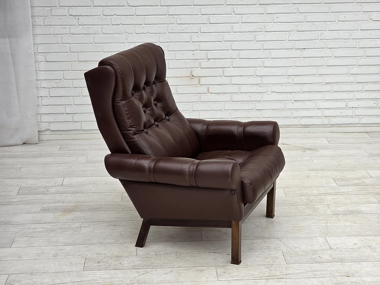 Anni '70, poltrona danese, pelle marrone originale per arredamento. 2