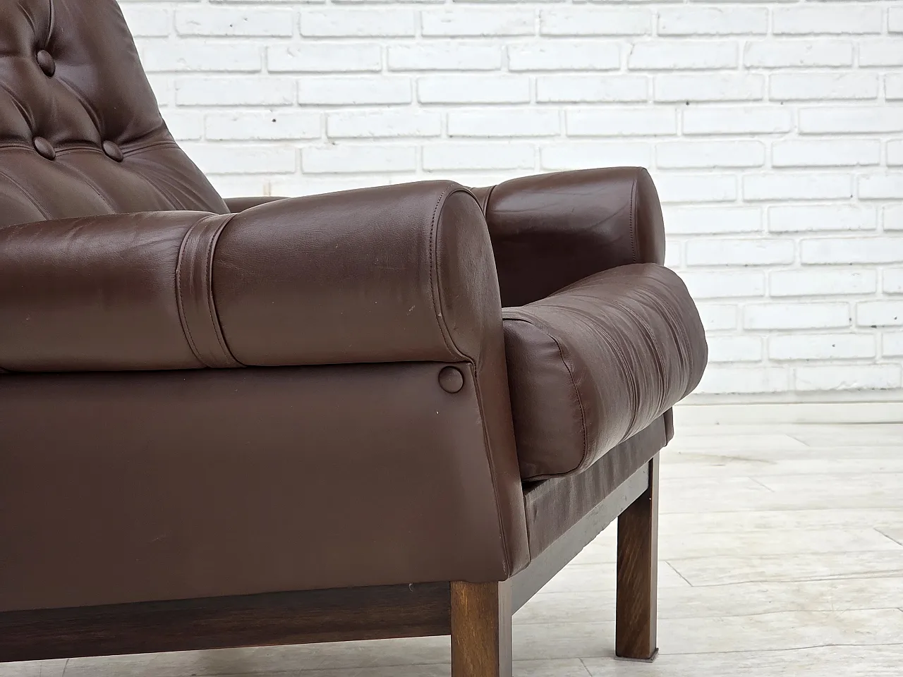 Anni '70, poltrona danese, pelle marrone originale per arredamento. 4