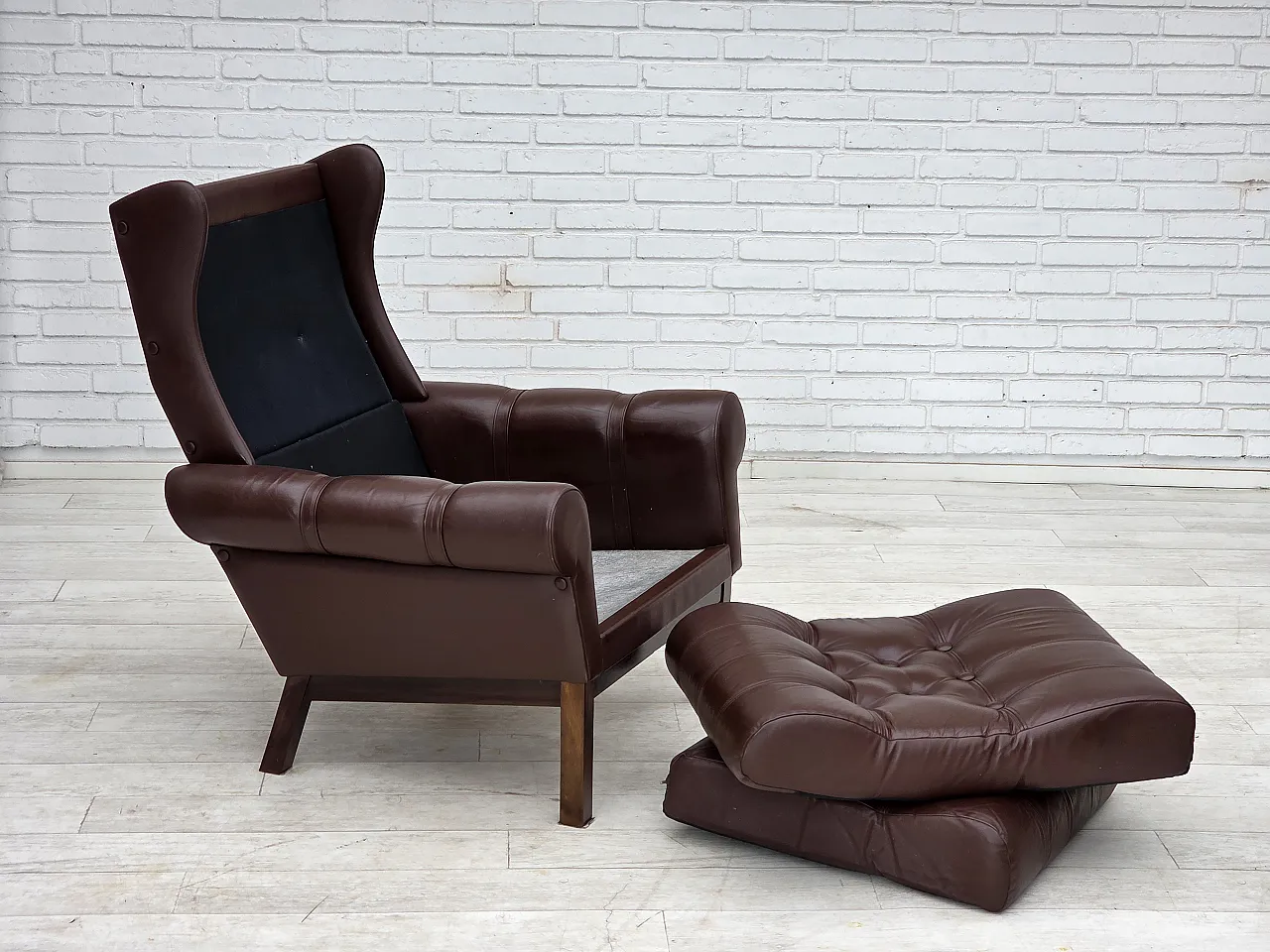 Anni '70, poltrona danese, pelle marrone originale per arredamento. 8