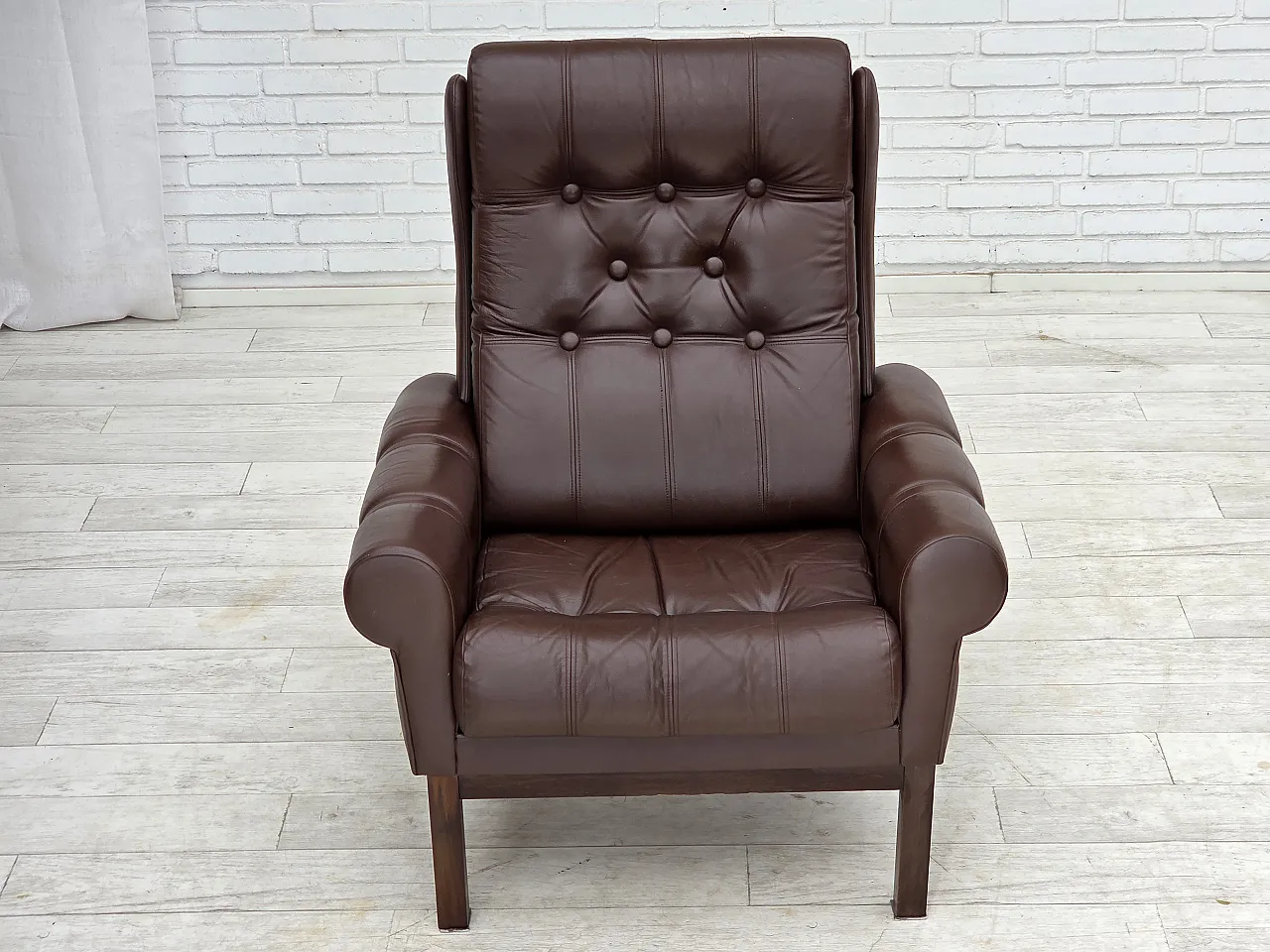 Anni '70, poltrona danese, pelle marrone originale per arredamento. 10