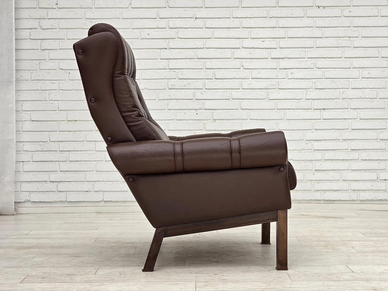 Anni '70, poltrona danese, pelle marrone originale per arredamento. 11