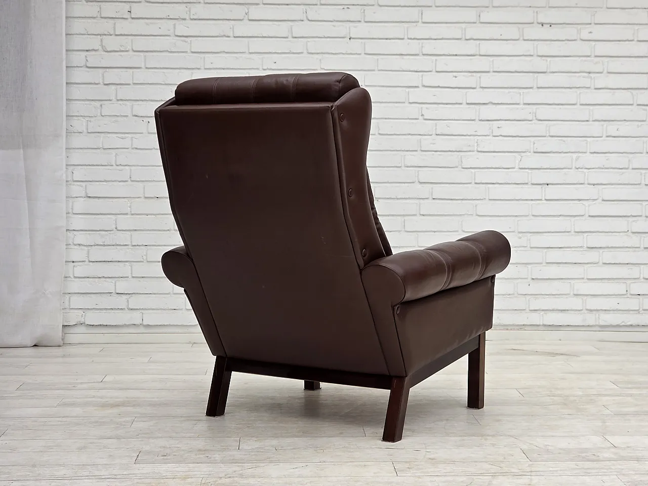 Anni '70, poltrona danese, pelle marrone originale per arredamento. 12